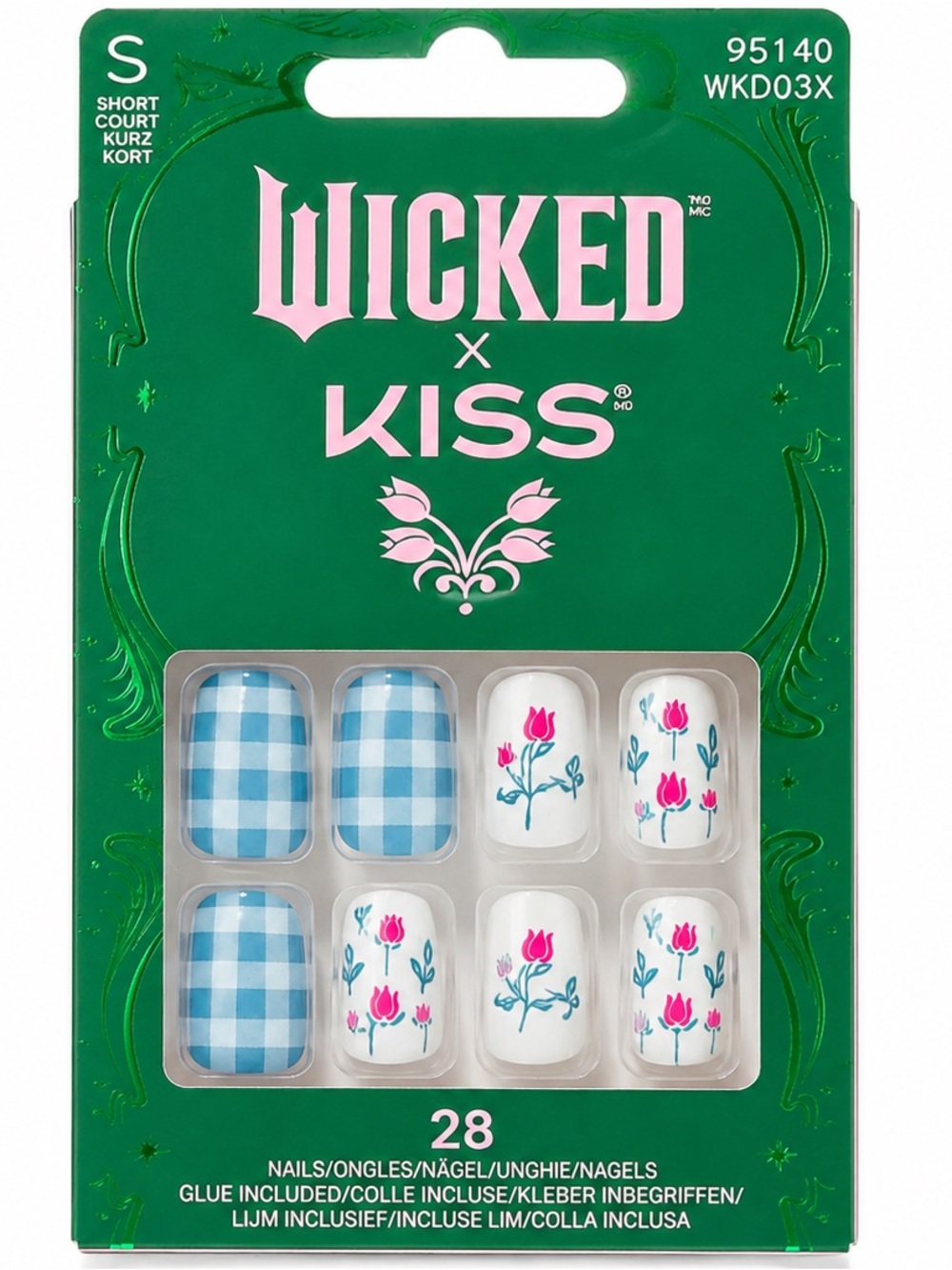 Kiss Short Blue Gingham & Pink Tulip Press-On Nails